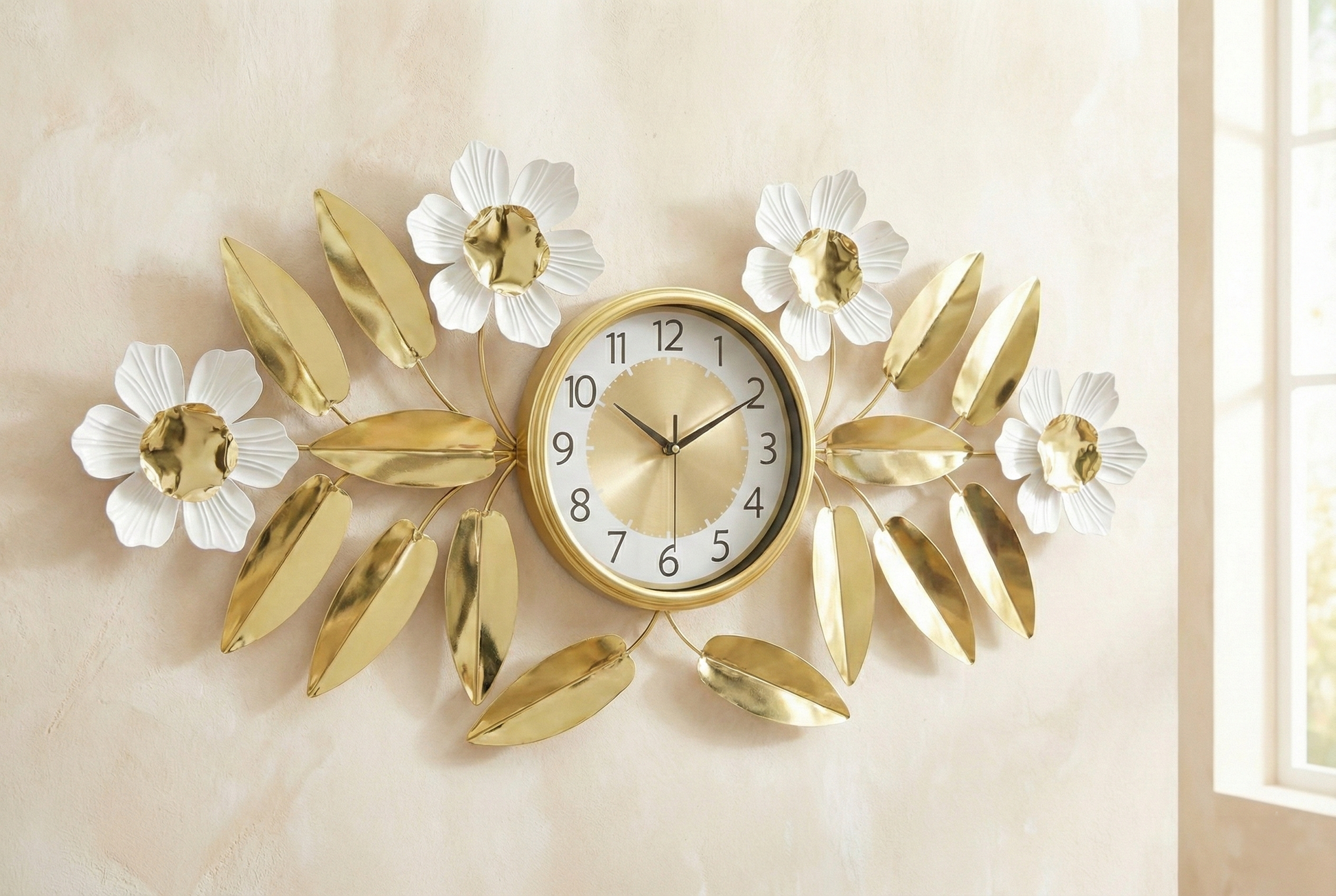 Decorative wall clock with floral and leaf design on a beige wall.