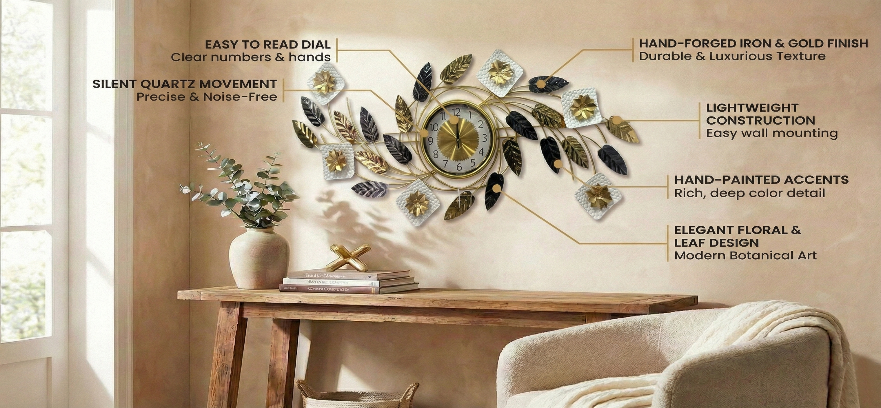 Decorative wall clock with floral and leaf design on a wall with text highlighting features.