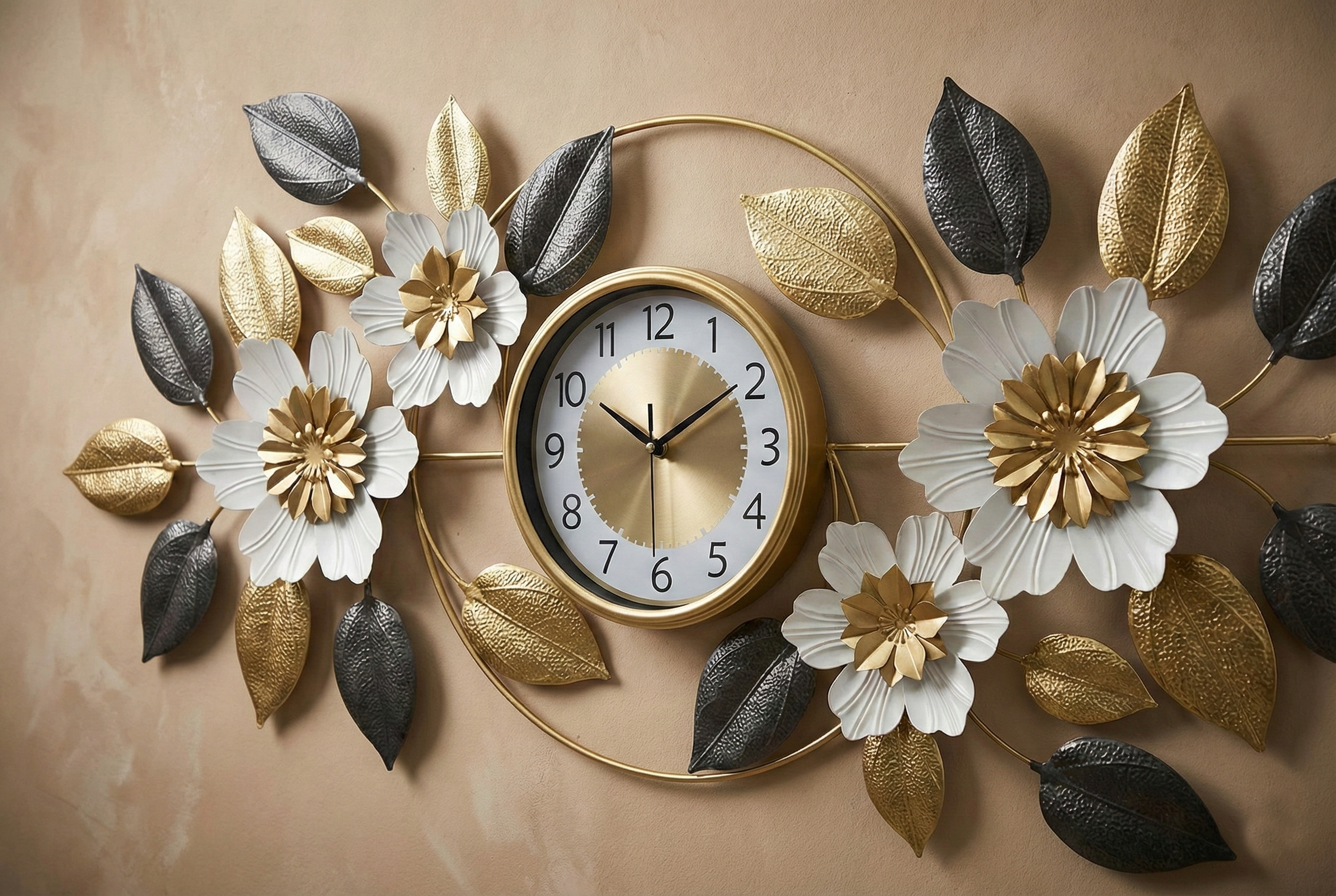 Decorative wall clock with floral and leaf designs on a beige background