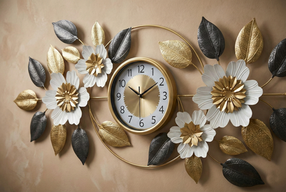 Decorative wall clock with floral and leaf designs on a beige background