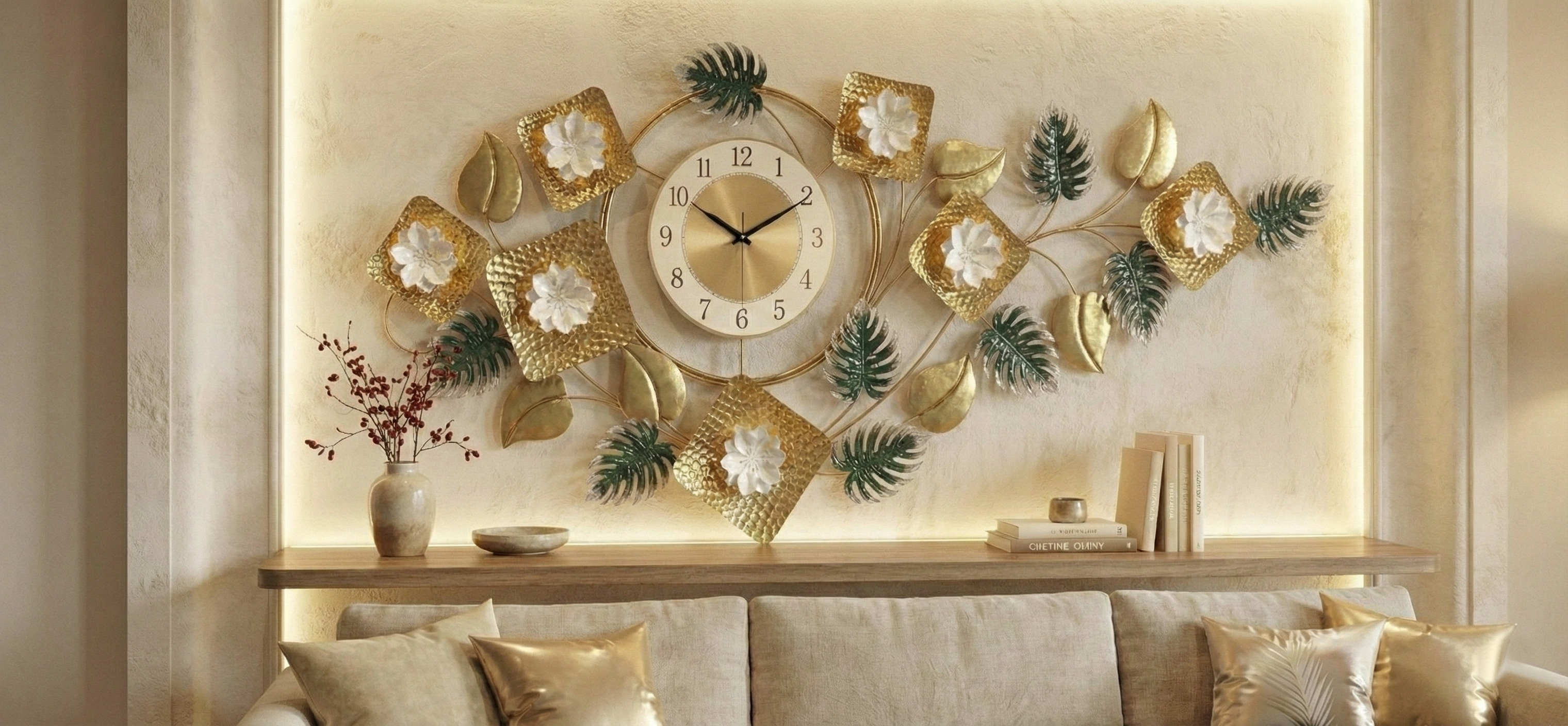 Decorative wall clock with floral and leaf designs on a wall above a sofa.