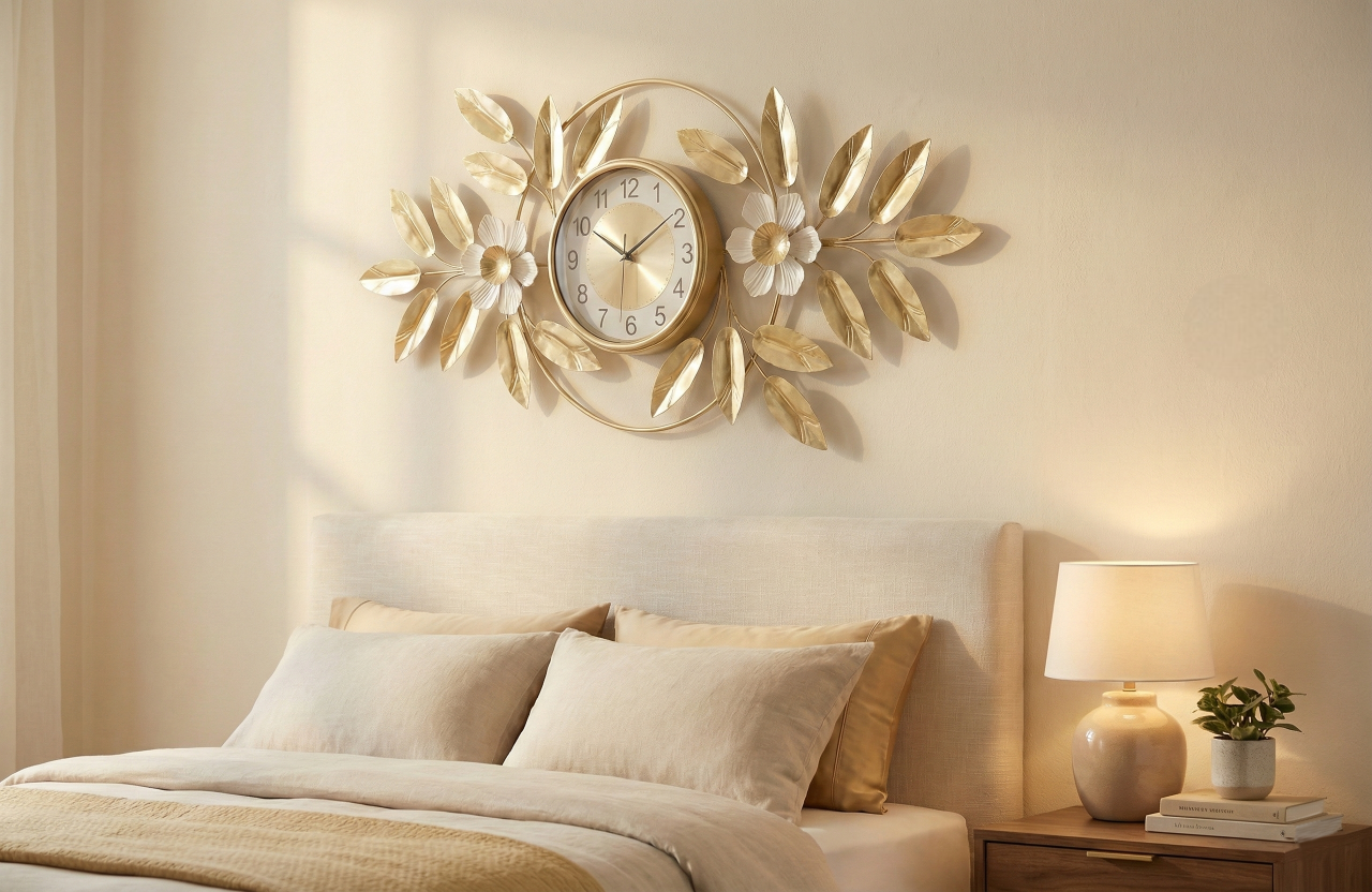 Decorative wall clock with floral design in a bedroom setting