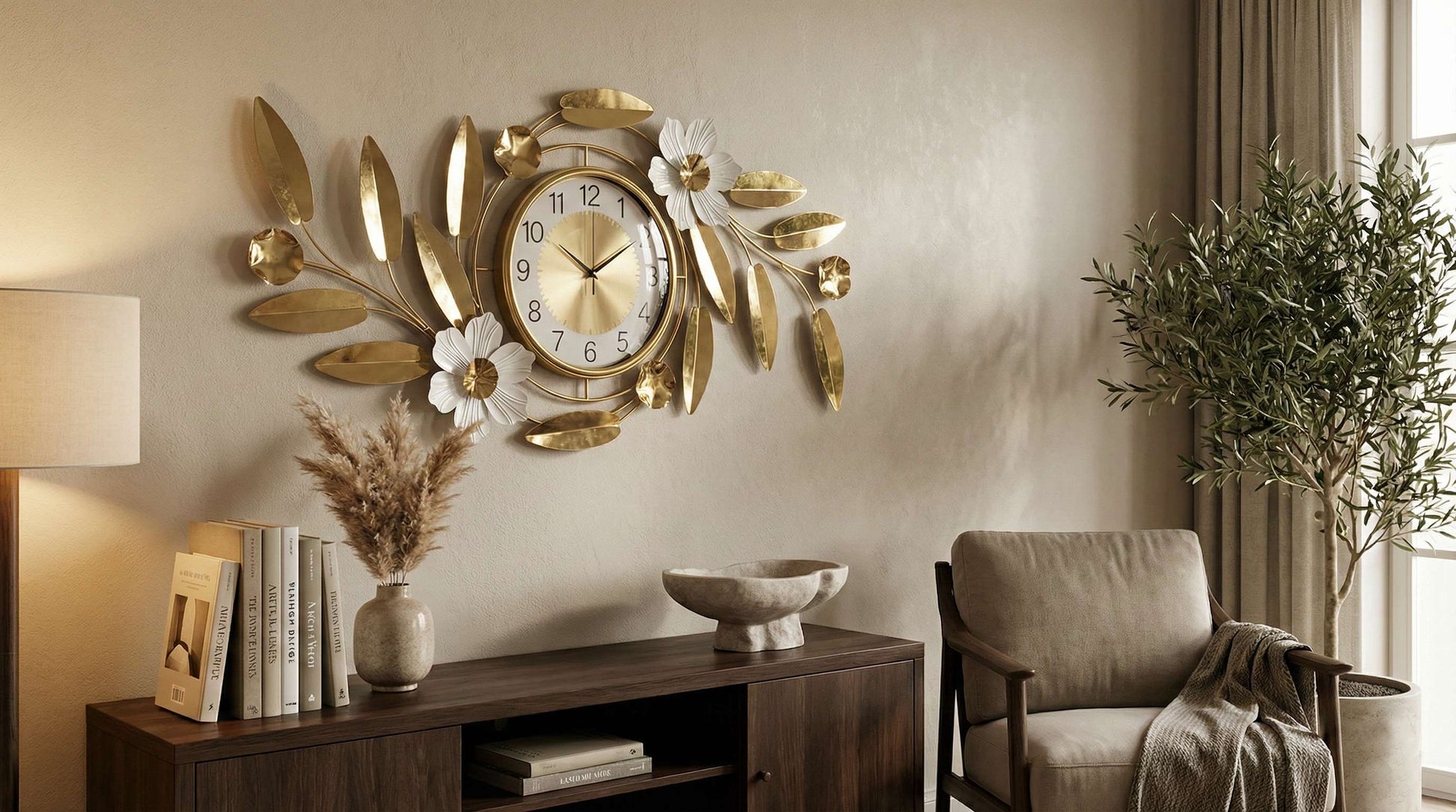Decorative wall clock with floral design in a living room setting