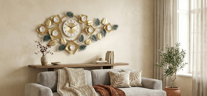 Decorative wall clock with floral design in a living room setting