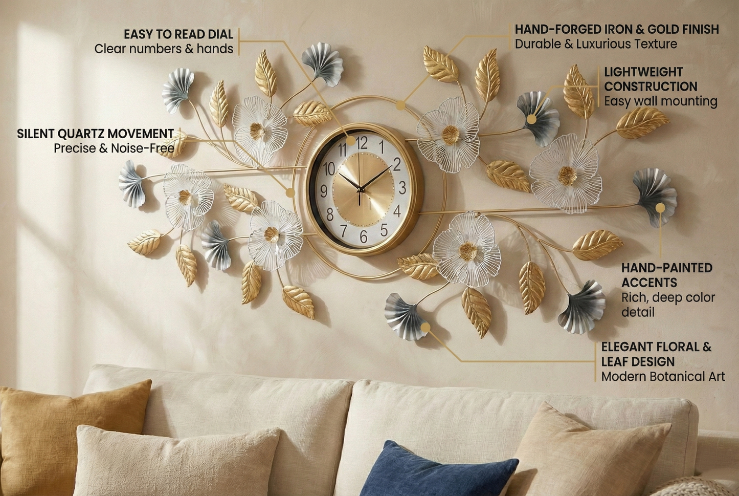 Decorative wall clock with floral design on a beige sofa background