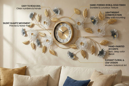 Decorative wall clock with floral design on a beige sofa background