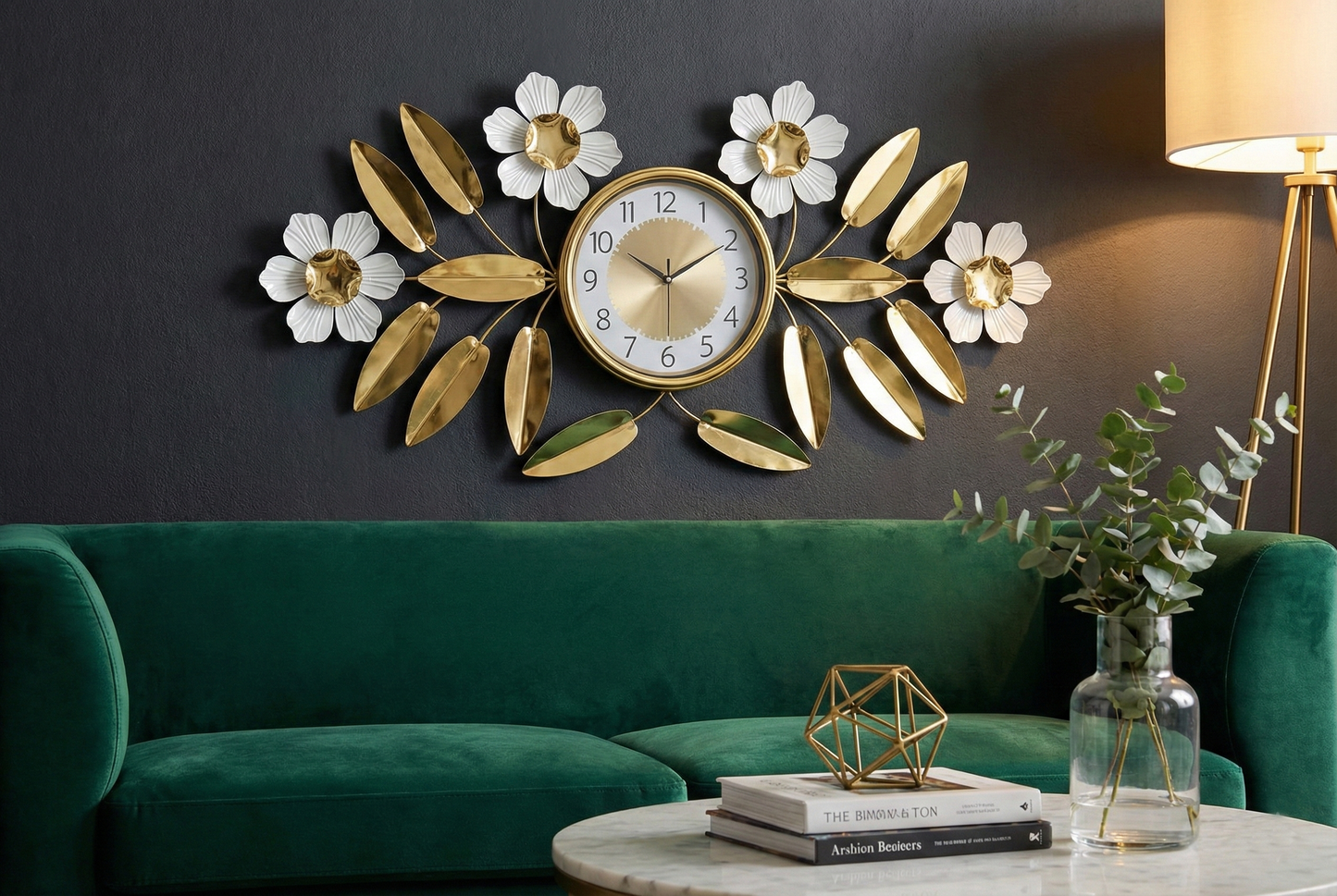 Decorative wall clock with floral design on a dark wall above a green sofa.
