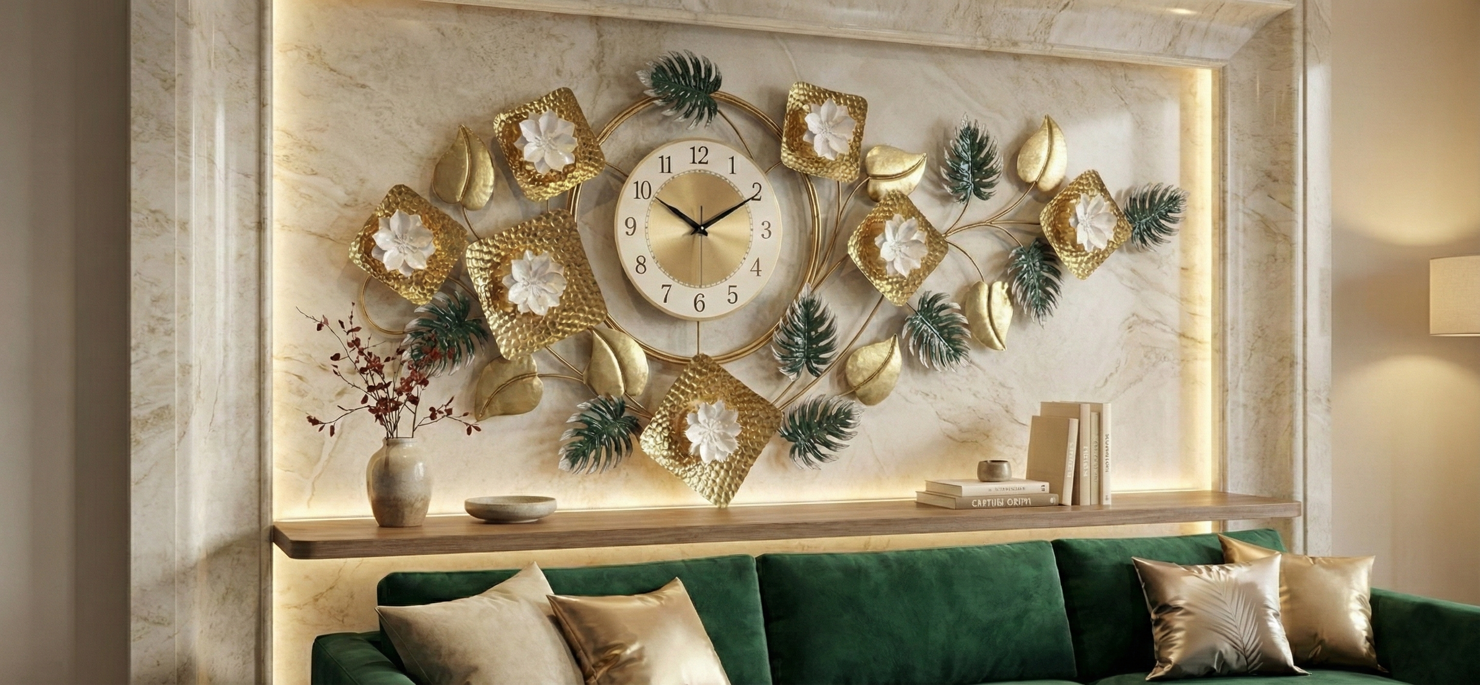 Decorative wall clock with floral designs on a wall above a green sofa.