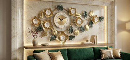 Decorative wall clock with floral designs on a wall above a green sofa.