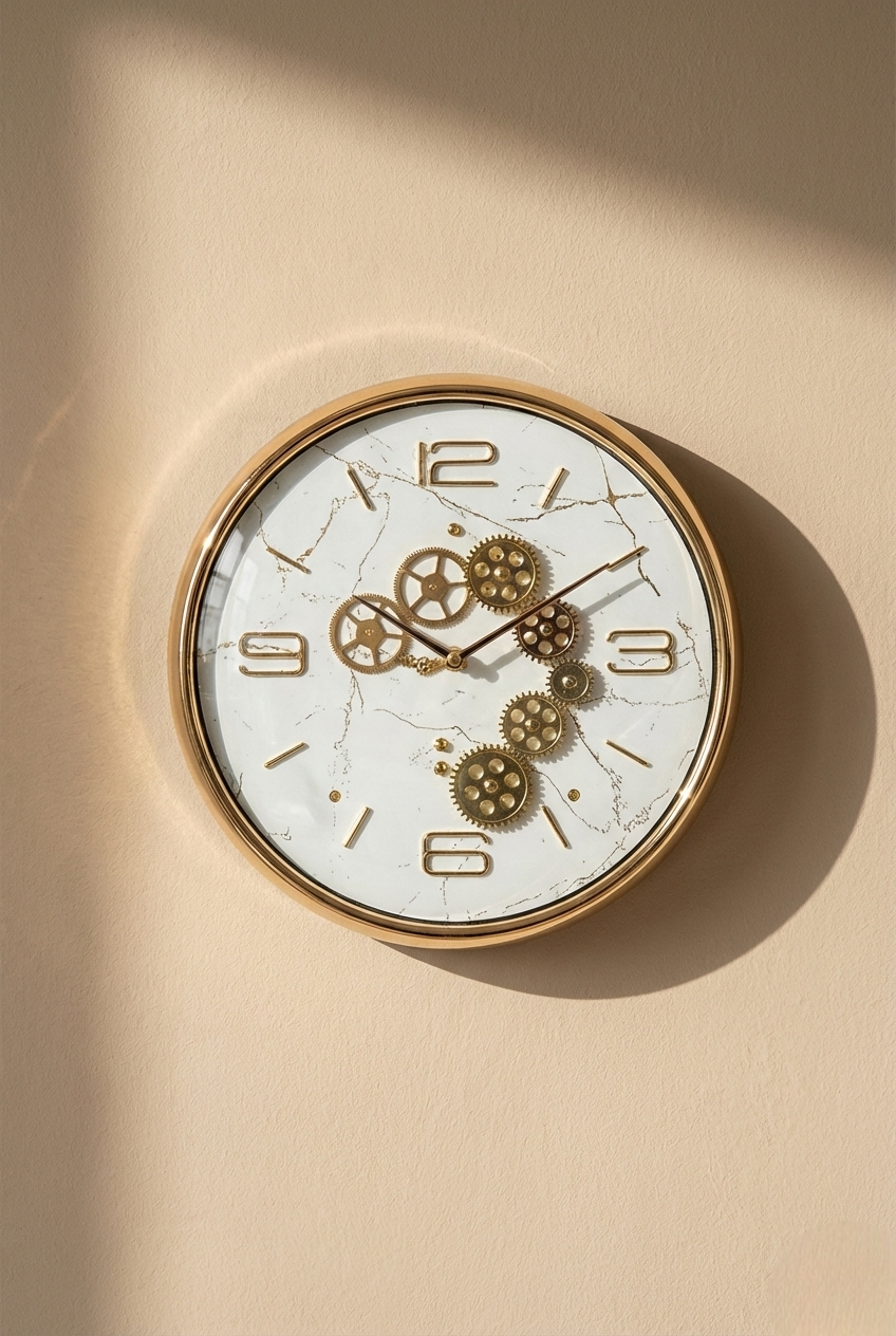 Decorative wall clock with gear design on a beige wall