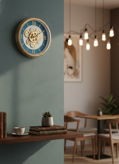 Decorative wall clock with gears on a green wall in a cozy room with a table and chairs.