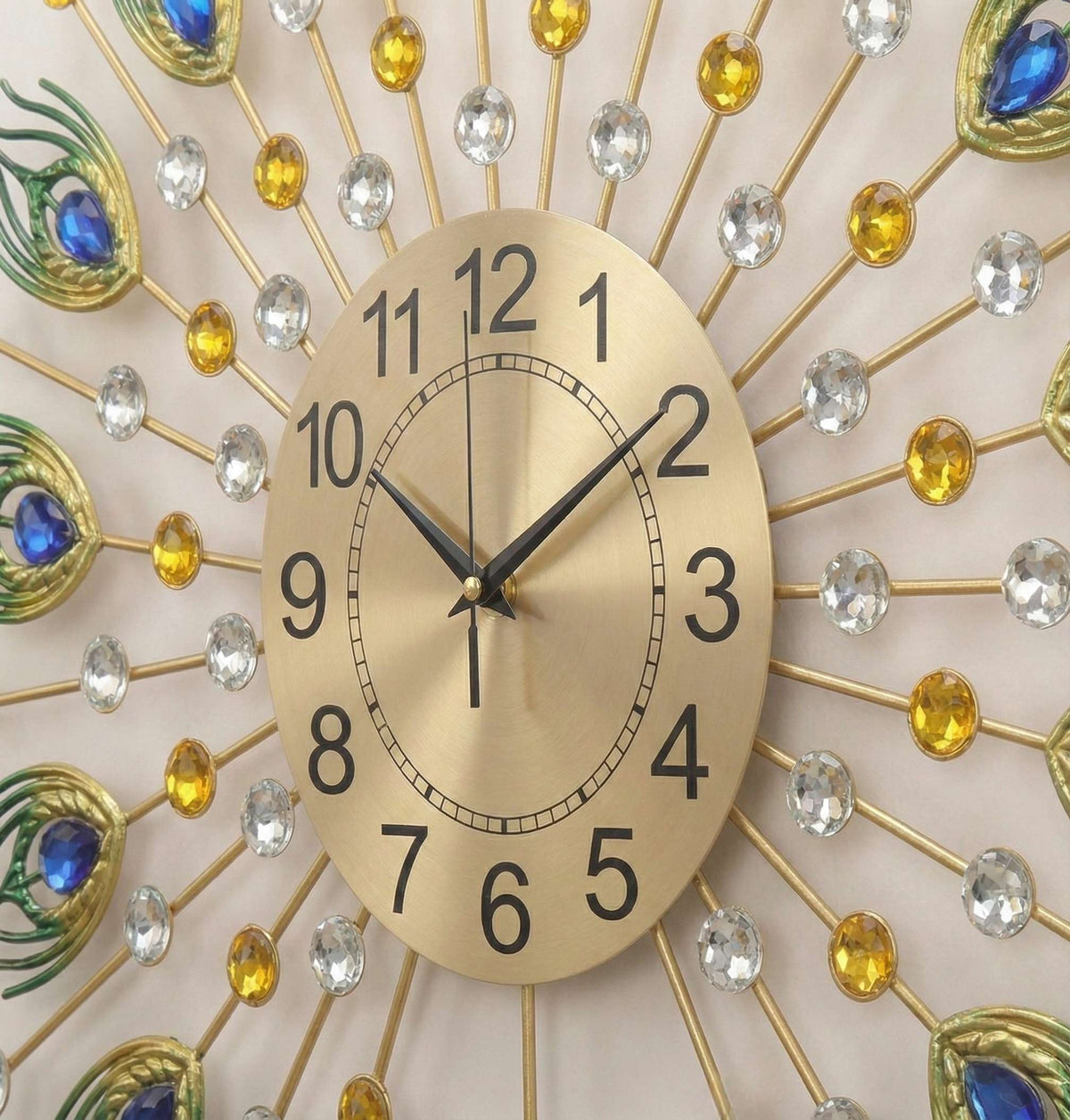 Decorative wall clock with gemstone accents on a neutral background
