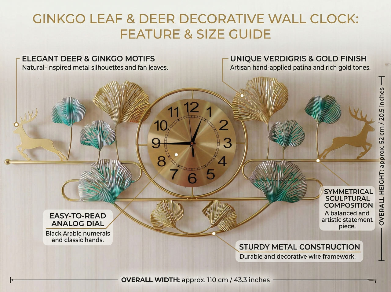 Decorative wall clock with ginkgo leaf and deer motifs, featuring a feature and size guide.