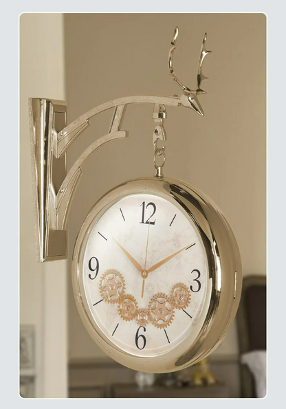 Decorative wall clock with gold casing and gear design on a beige background