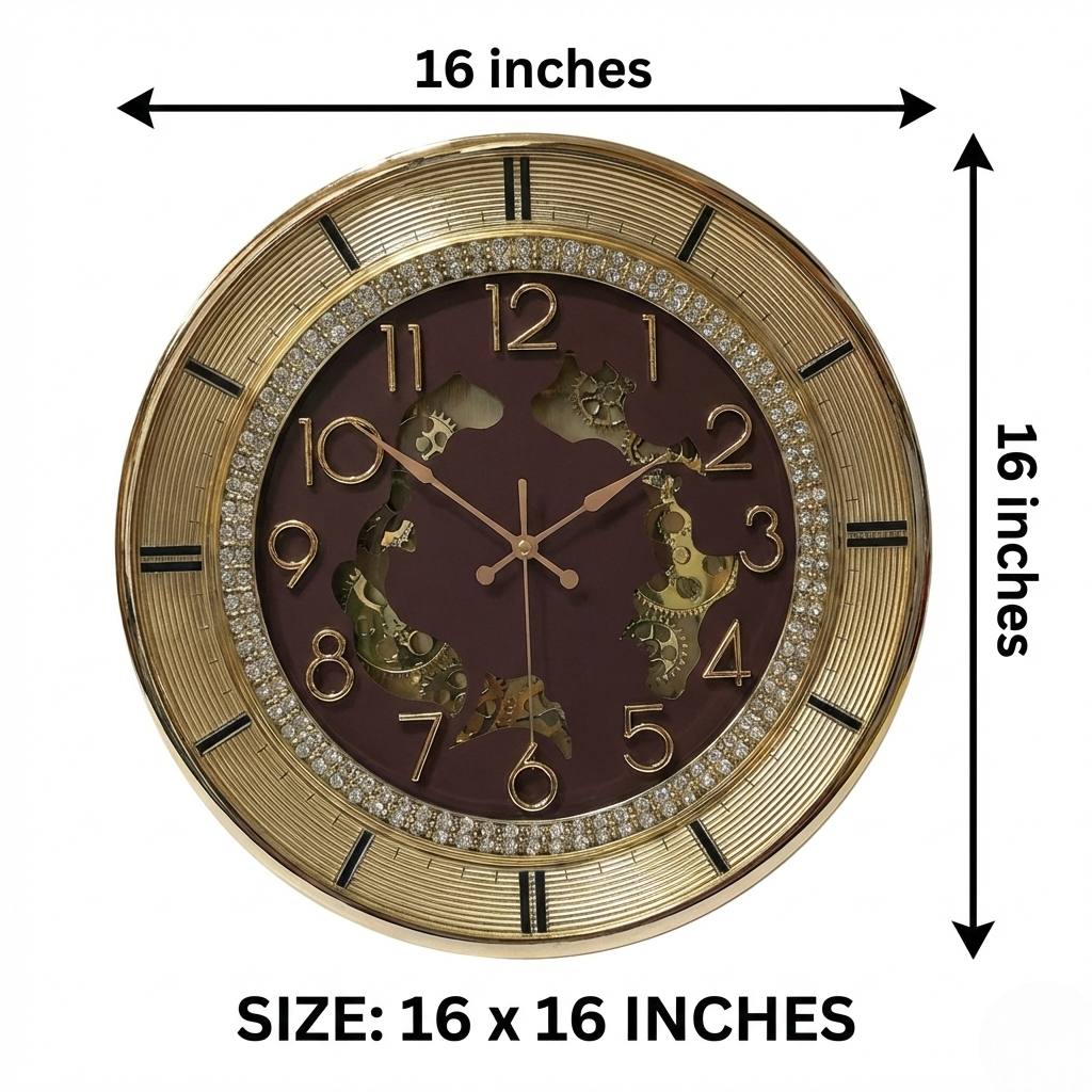 Decorative wall clock with gold frame and Roman numerals, shown with dimensions on a white background.