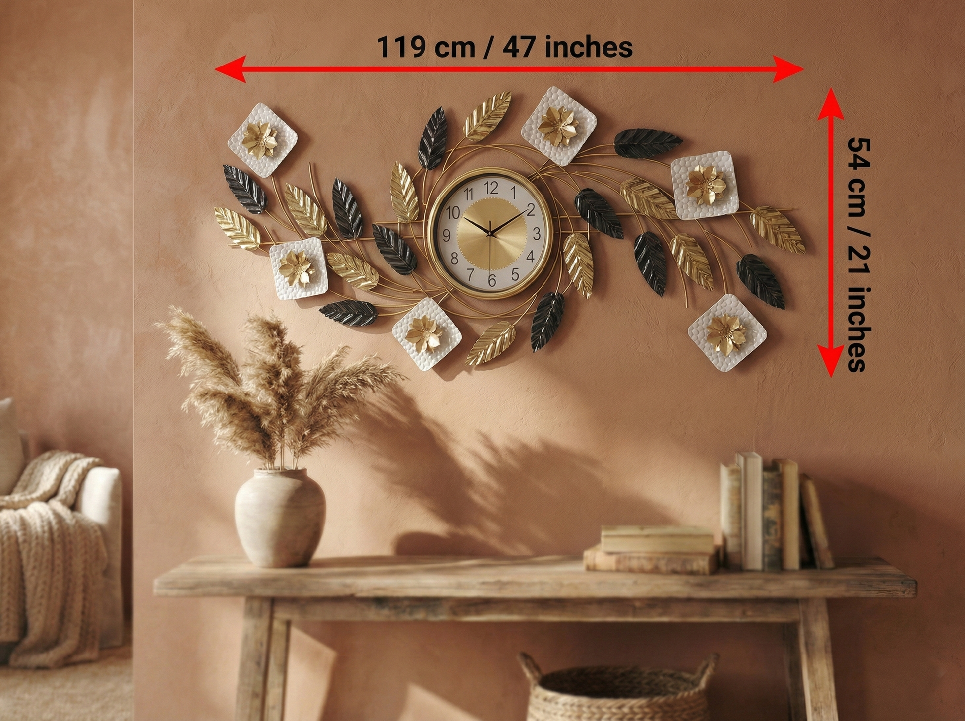 Decorative wall clock with leaf and flower designs, shown with measurements on a wall.