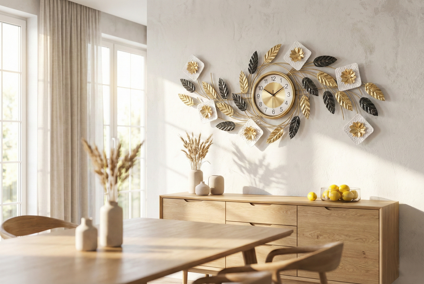 Decorative wall clock with leaf design in a bright room with furniture and decor.