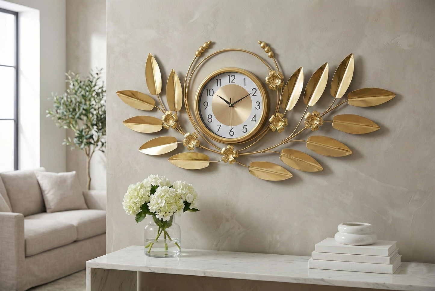 Decorative wall clock with leaf design in a living room setting
