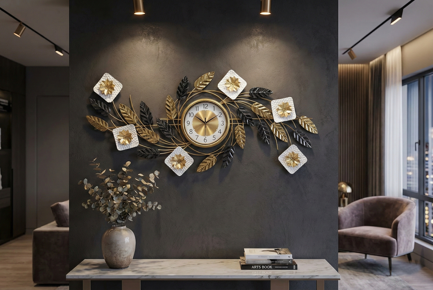 Decorative wall clock with leaf design on a dark wall in a modern living room.