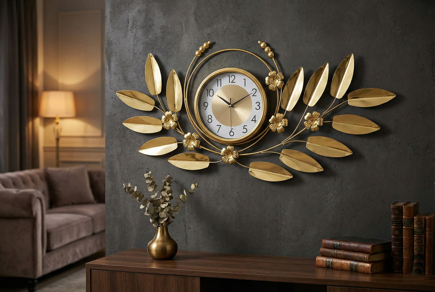 Decorative wall clock with leaf design on a gray wall in a living room setting.Silent quartz movement machine mechanism of gold wall clock.