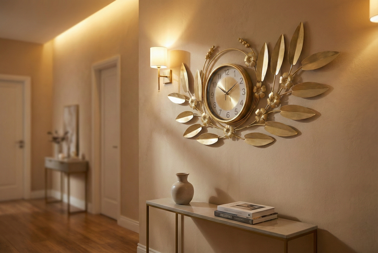 Decorative wall clock with leaf design on a wall in a home setting.