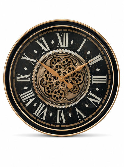 Decorative wall clock with mechanical design and black face