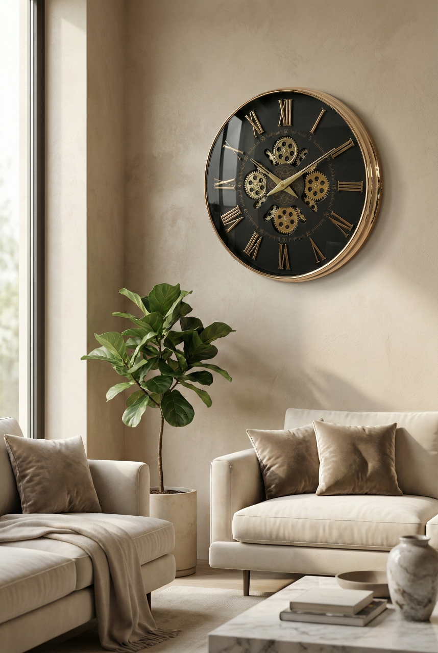 Decorative wall clock with mechanical design in a living room setting