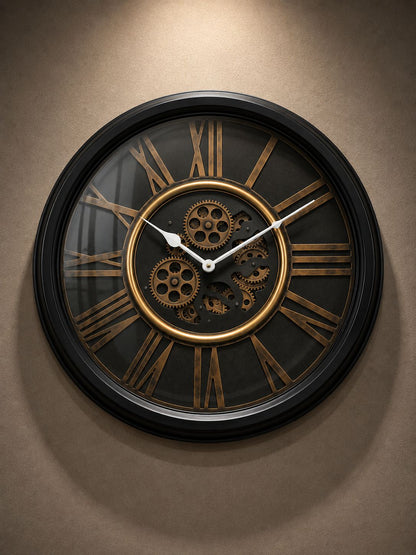 Decorative wall clock with mechanical design on a beige wall