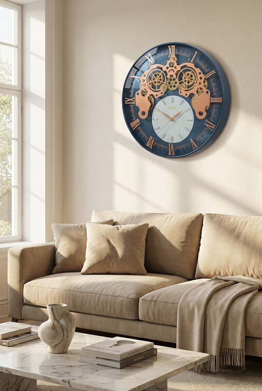 Decorative wall clock with mechanical design on a beige wall above a beige sofa.