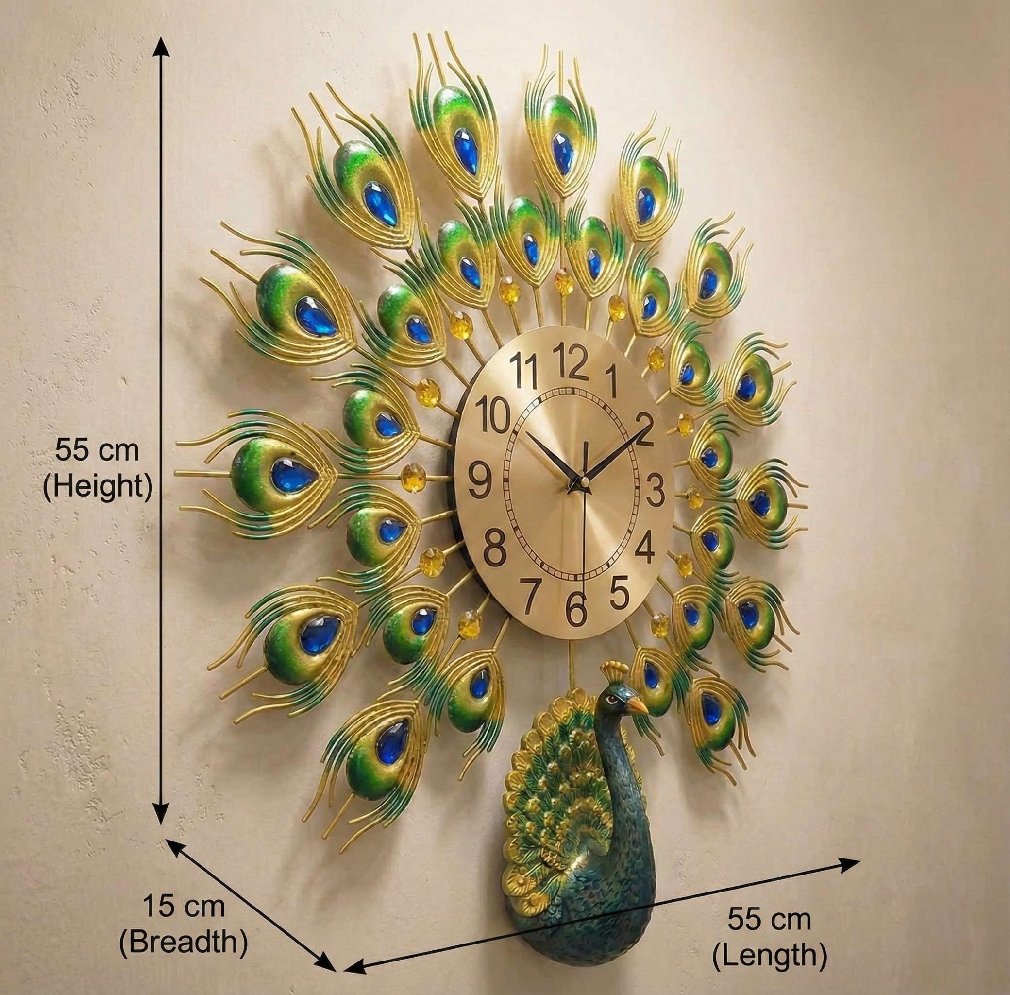 Decorative wall clock with peacock design and measurements on a beige background
