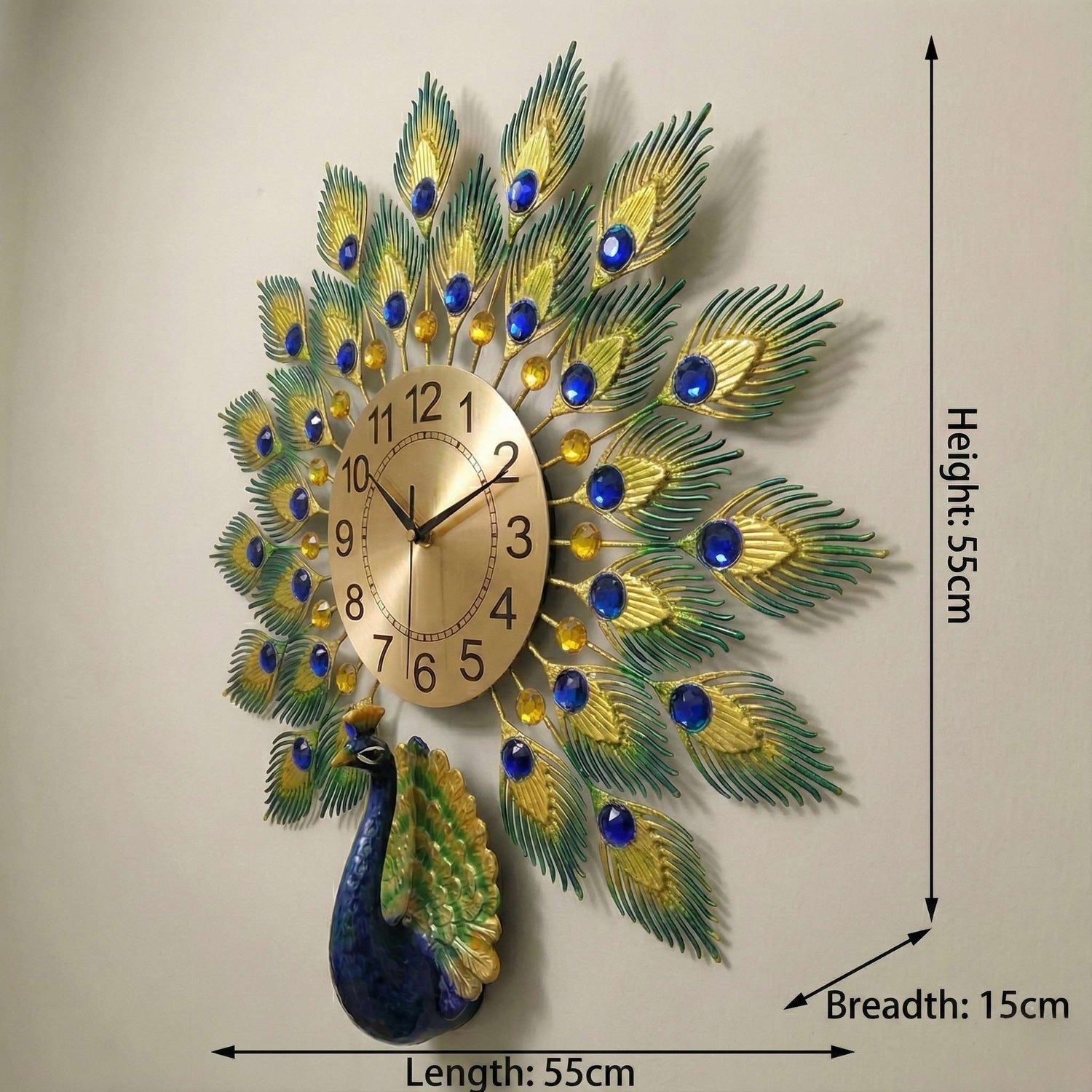 Decorative wall clock with peacock design and measurements on a plain background