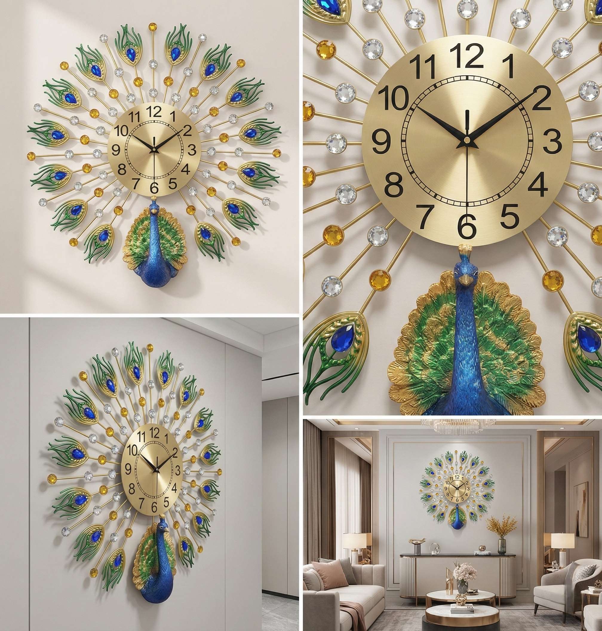 Decorative wall clock with peacock design in a collage format.