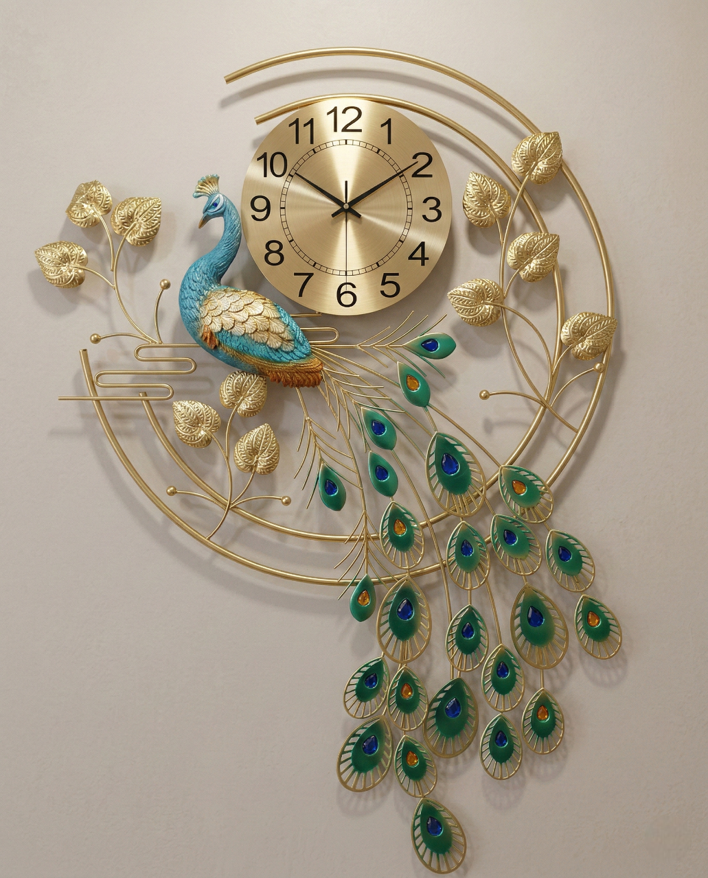 Decorative wall clock with peacock design on a plain background