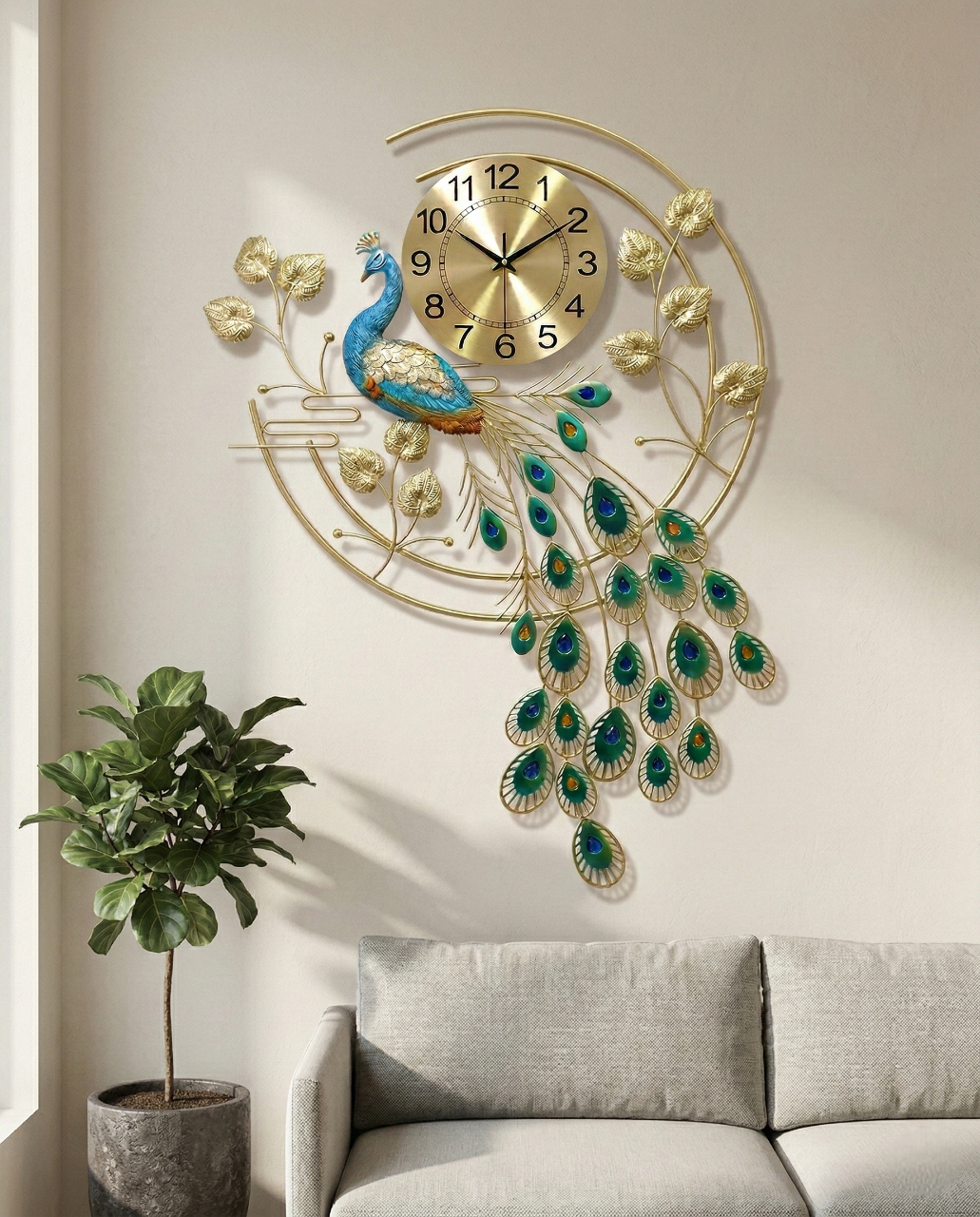Decorative wall clock with peacock design on a wall above a sofa