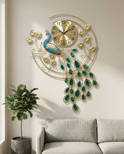 Decorative wall clock with peacock design on a wall above a sofa