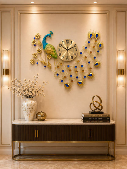 Decorative wall clock with peacock design on a wall in a stylish interior setting.