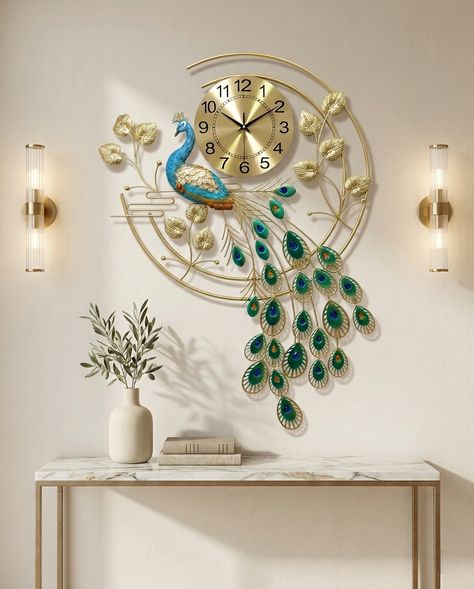 Decorative wall clock with peacock design on a wall with two wall sconces.