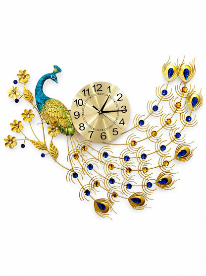 Decorative wall clock with peacock design on a white background