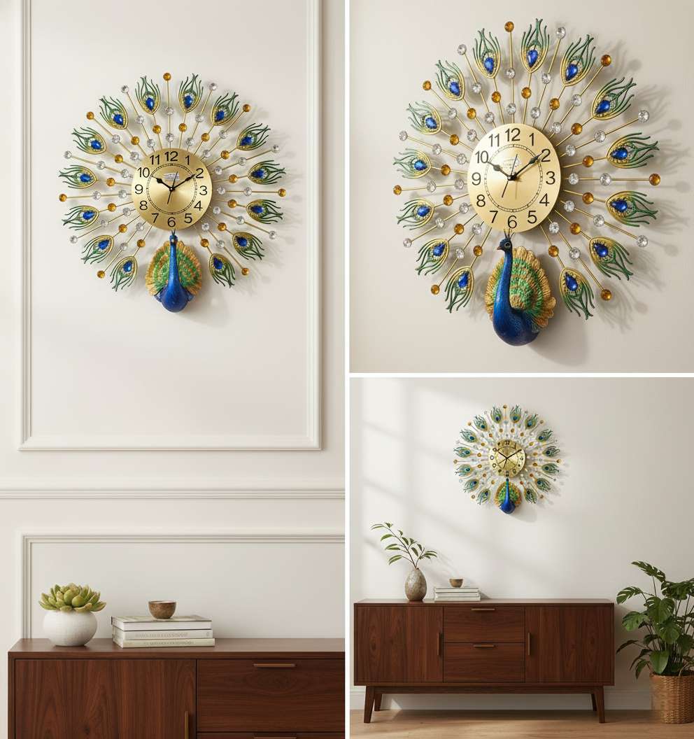 Decorative wall clock with peacock design on a white wall.