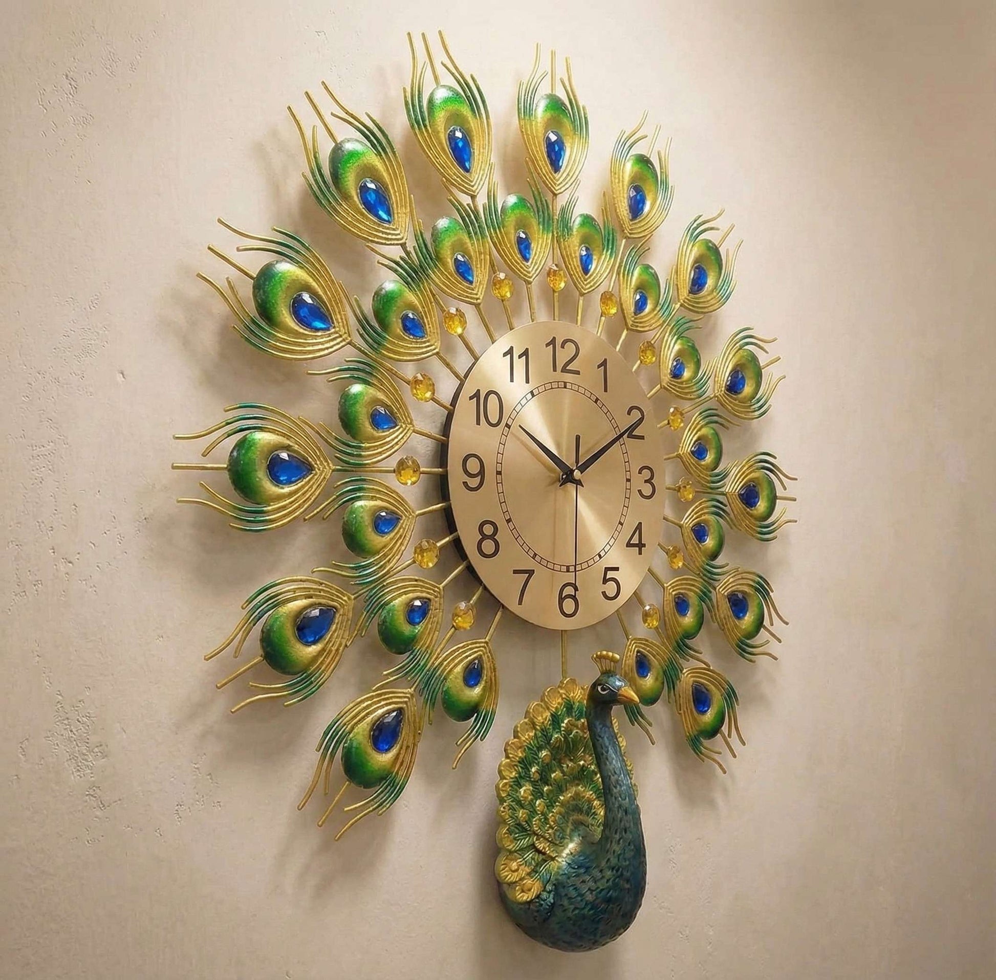 Decorative wall clock with peacock design on a beige wall