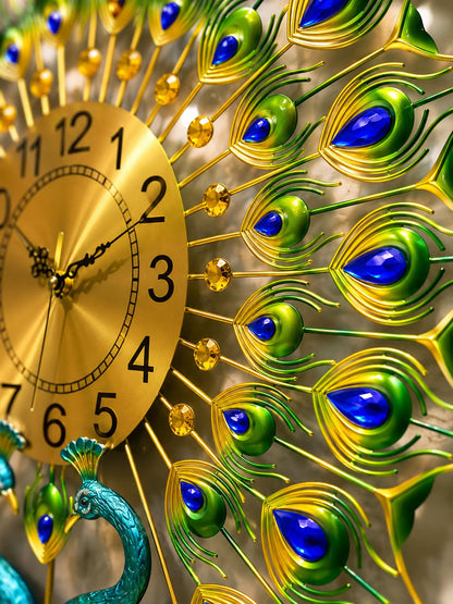 Decorative wall clock with peacock feather design