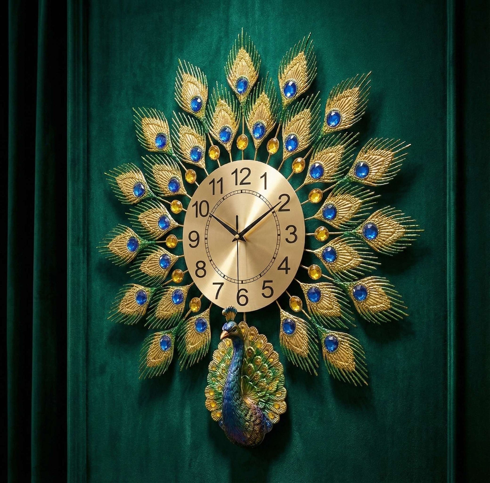 Decorative wall clock with peacock feather design on a green background