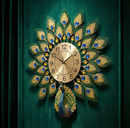 Decorative wall clock with peacock feather design on a green background