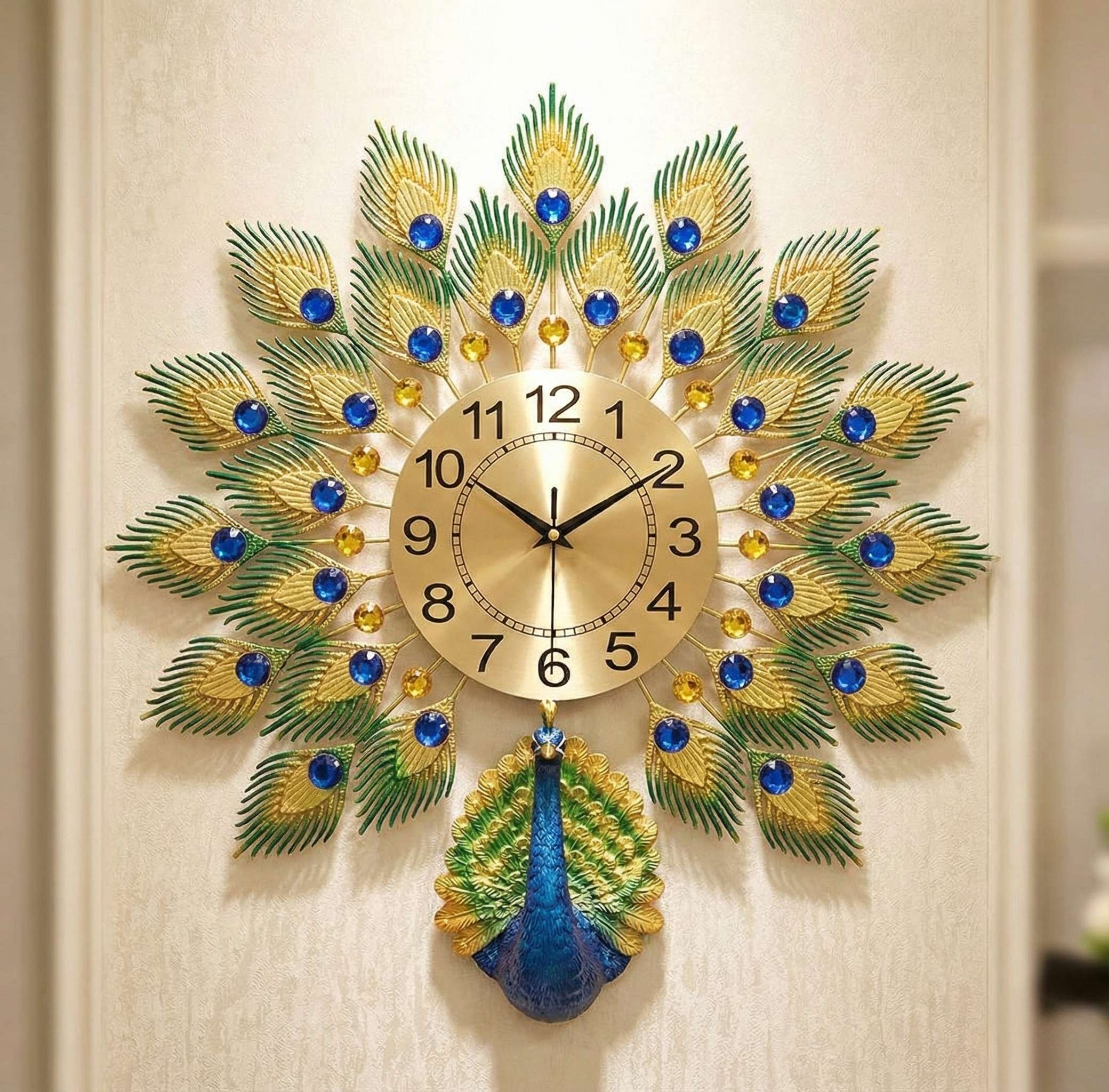 Decorative wall clock with peacock feather design on a plain background