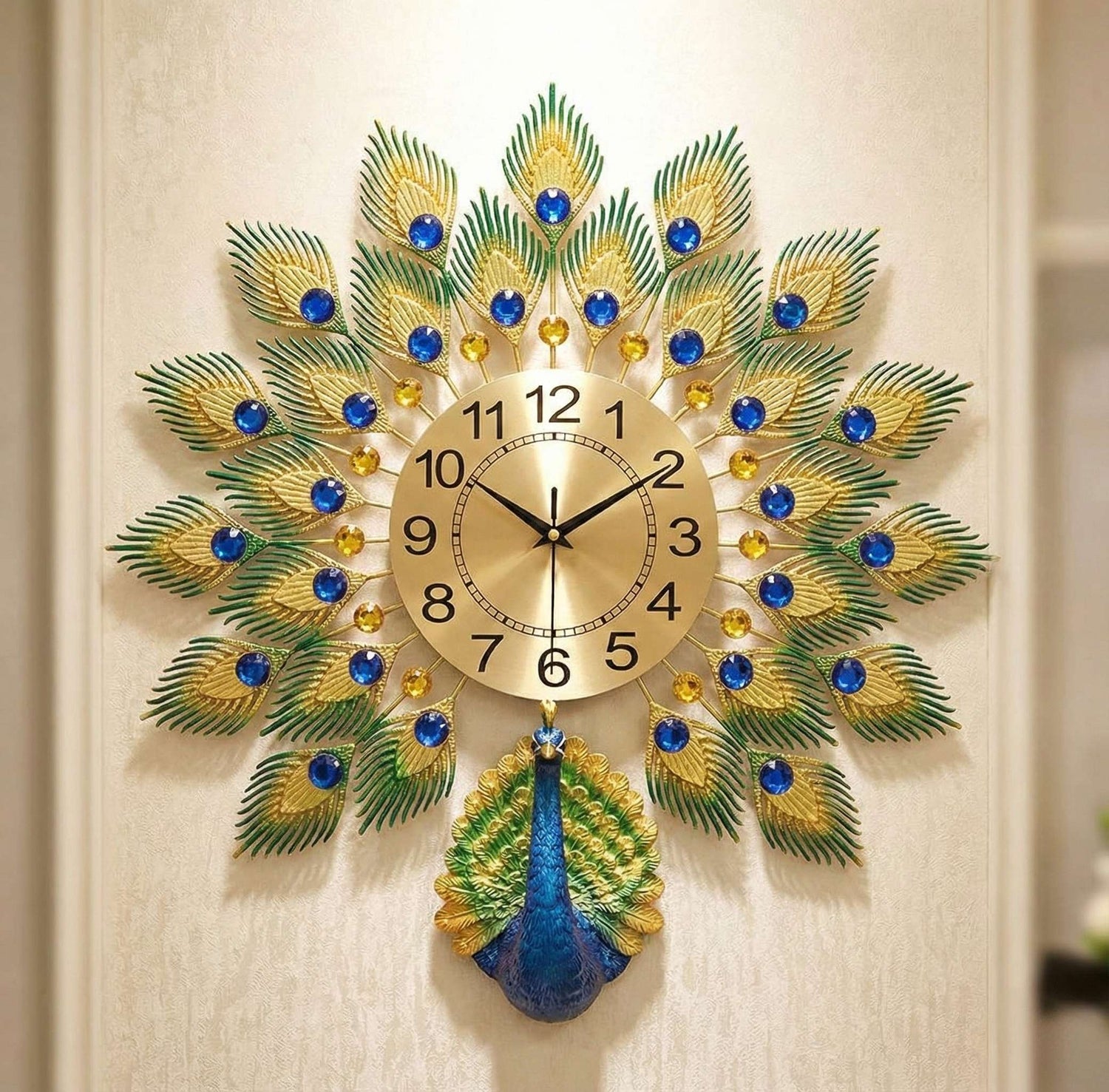 Decorative wall clock with peacock feather design on a plain background