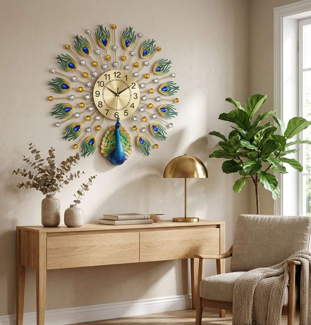 Decorative wall clock with peacock feathers in a room with a desk and chair.