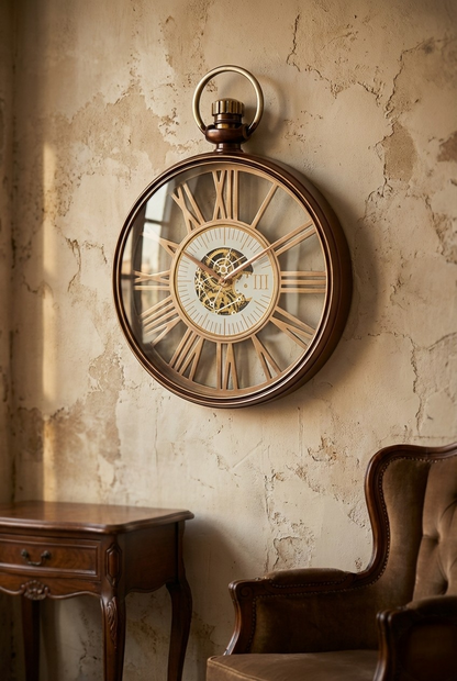 Decorative wall clock with visible mechanical components on a textured wall.