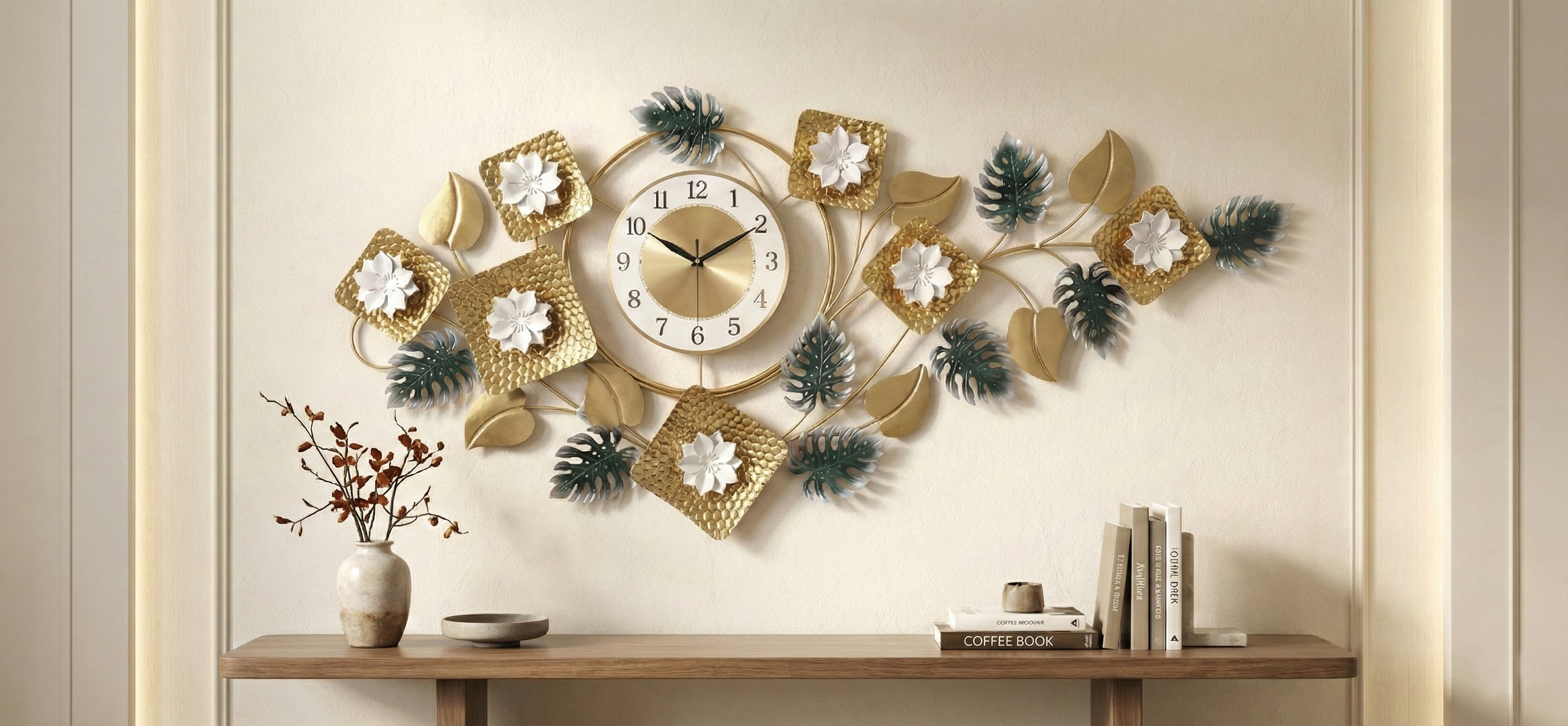 Decorative wall clock with white flowers and metal leaves