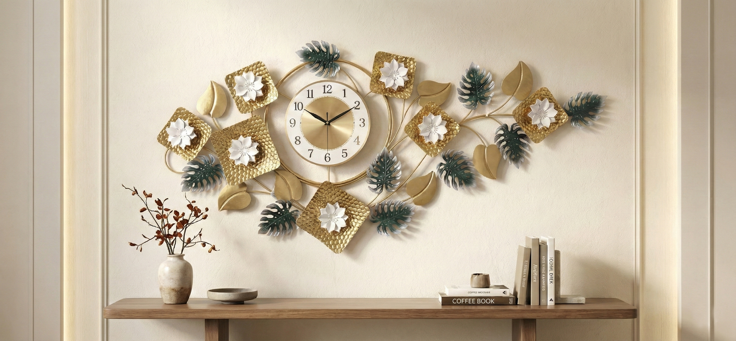 Decorative wall clock with white flowers and metal leaves