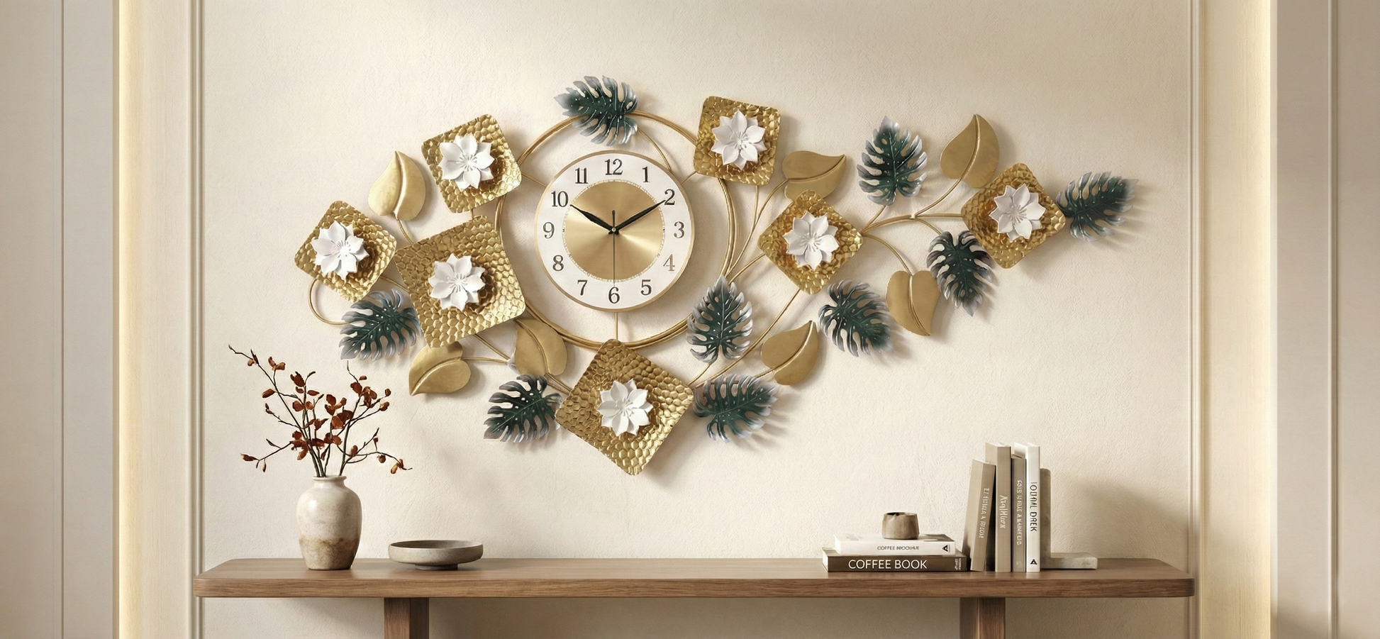 Decorative wall clock with white flowers and metal leaves